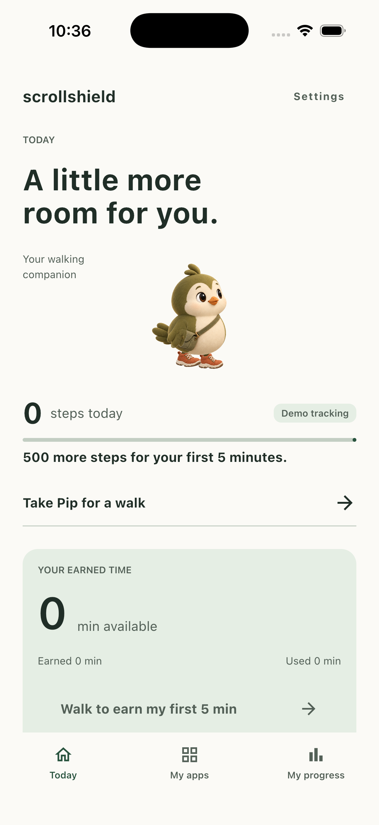 ScrollShield home screen with Pip and earned time